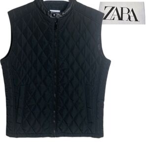 ZARA Diamond Quilted Full Zip Vest Black Pockets Womens Size XL